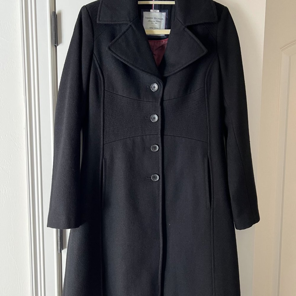 Chic Tommy Hilfiger Black Wool Blend Long Coat Jacket - Size S